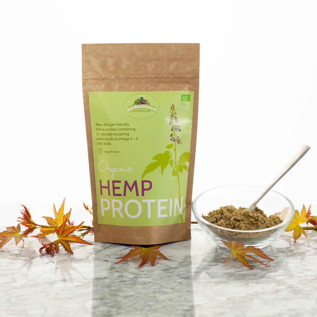 Marvellous Superfood Organic Hemp Protein Powder – hemp protein pouch and scoop