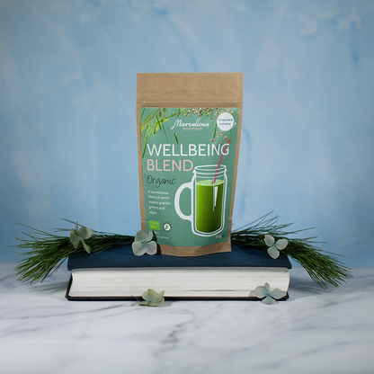 Marvellous Superfood Organic Wellbeing Blend – pouch and prepared green drink