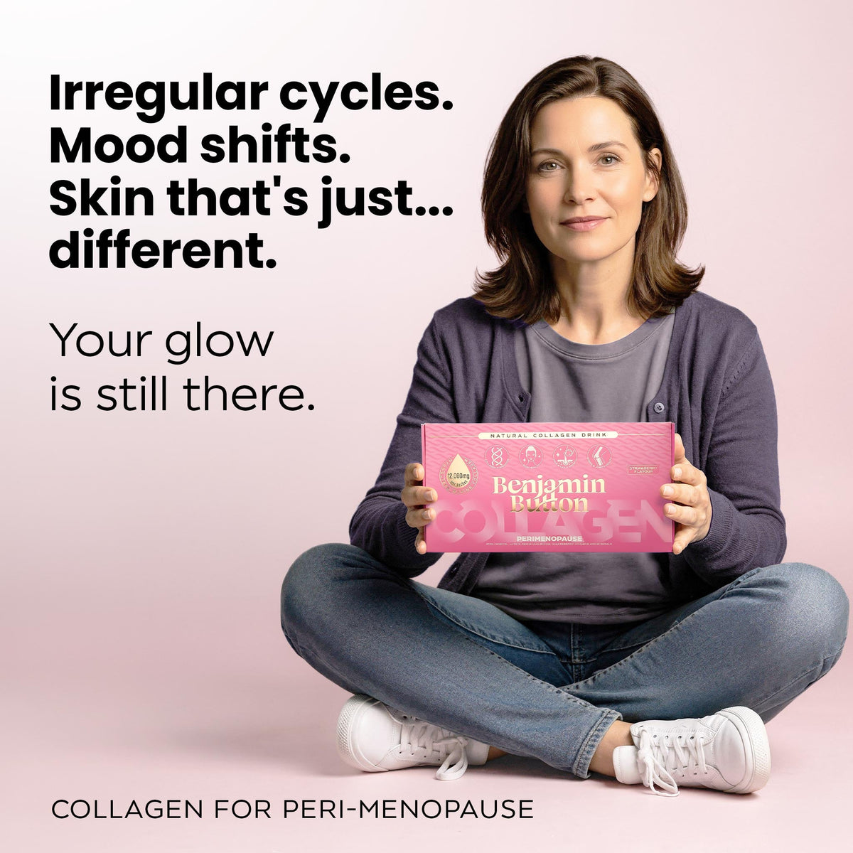 Benjamin Button Perimenopause Marine Collagen 12,000mg – strawberry woman holding the collagen box