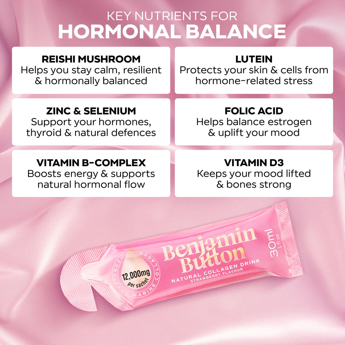 Benjamin Button Perimenopause Marine Collagen 12,000mg – strawberry supplier nutrient information graphic