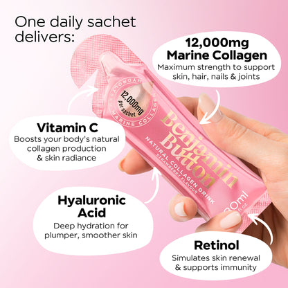 Benjamin Button Perimenopause Marine Collagen 12,000mg – strawberry daily sachet ingredient graphic