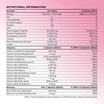 Benjamin Button Perimenopause Marine Collagen 12,000mg – strawberry ingredients and nutrition amounts per 30ml sachet