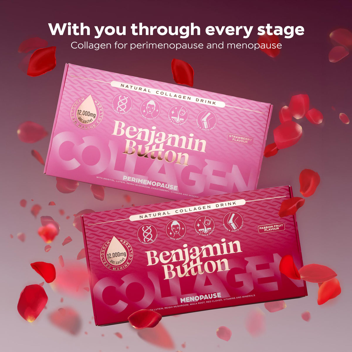 Benjamin Button Perimenopause Marine Collagen 12,000mg – strawberry perimenopause and passionfruit menopause boxes