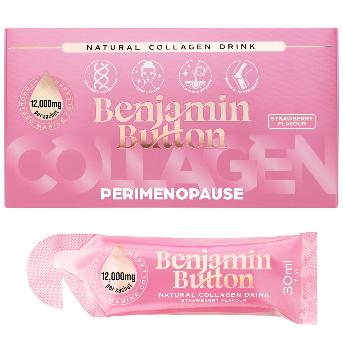 Benjamin Button Perimenopause Marine Collagen 12,000mg – strawberry box and 30ml liquid sachet