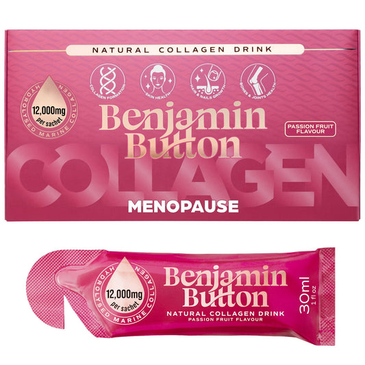 Benjamin Button Menopause Marine Collagen 12,000mg – passionfruit box and 30ml liquid sachet