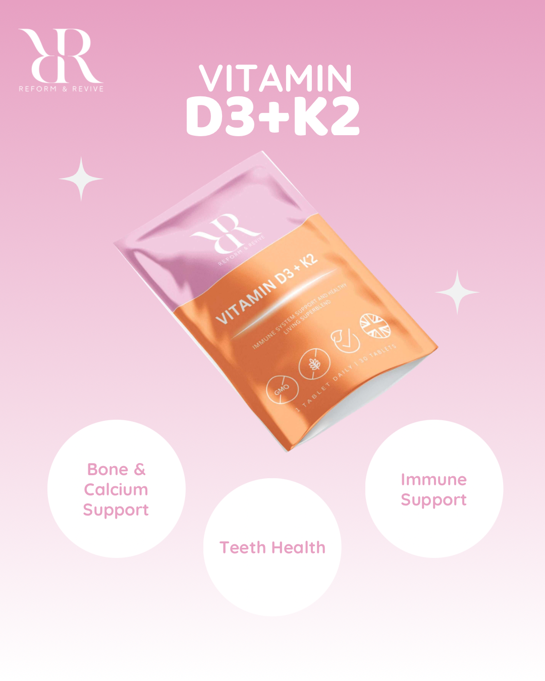 Vitamin D3+K2 package on a pink background with text about health benefits.
