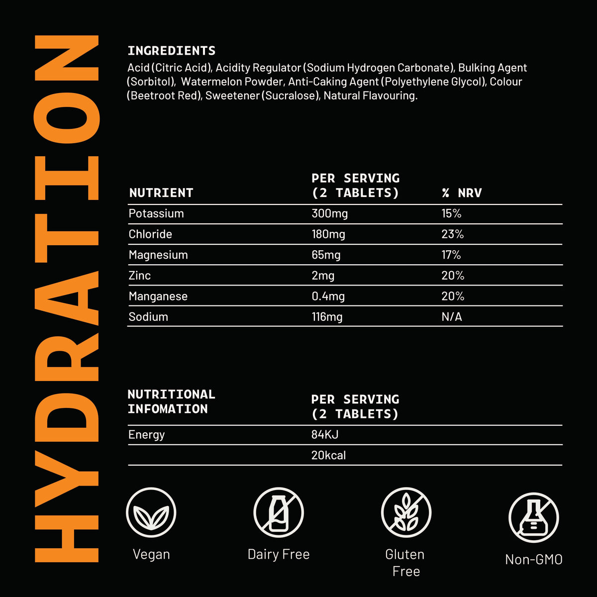 HIRO Hydration Watermelon – Triple Pack – watermelon ingredients and nutritional panel