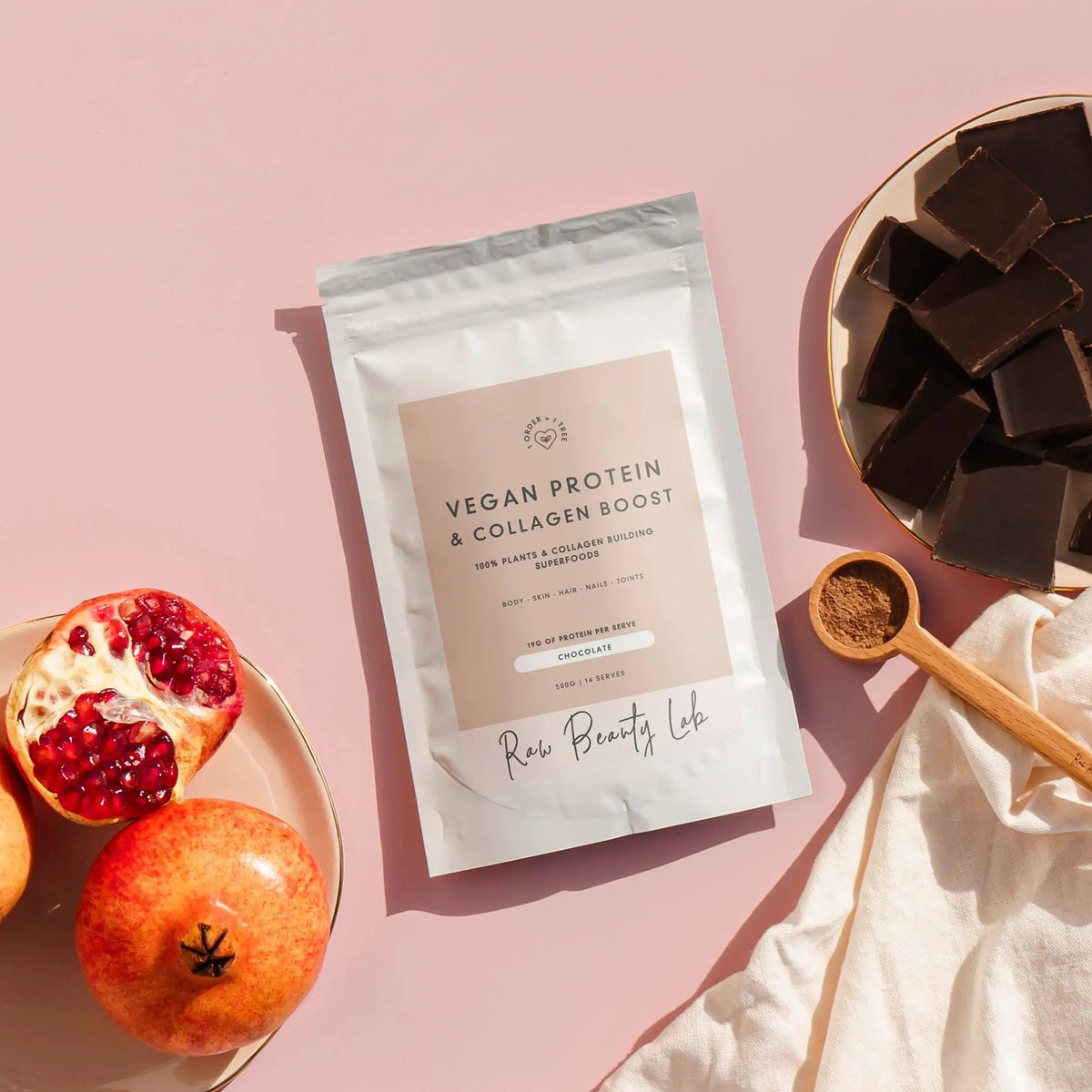 Raw Beauty Lab Vegan Protein & Collagen Builder – 500g chocolate protein pouch