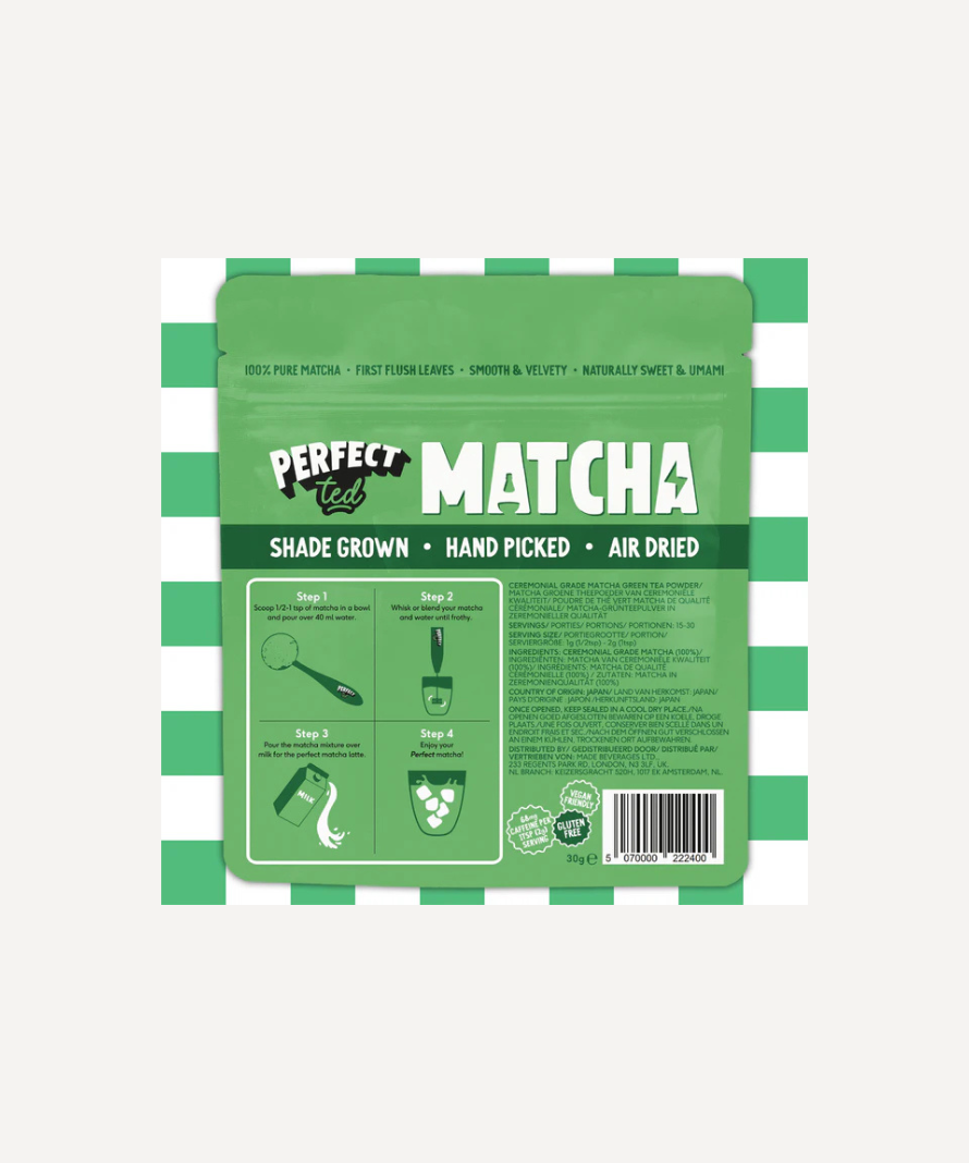 PerfectTed Ceremonial Grade Matcha – 30g Pouch – back of matcha pouch