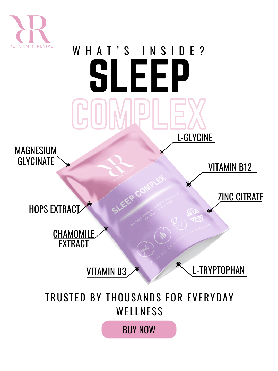 Sleep Complex packaging with ingredients listed on a white background