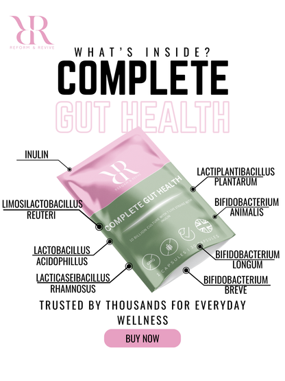 Two packets of 'Complete Gut Health' with labeled ingredients on a white background.