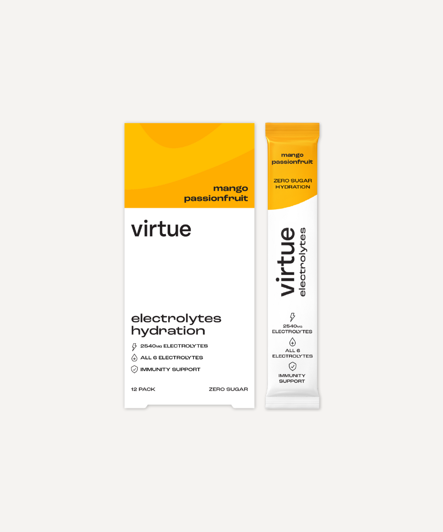 Virtue Electrolytes Hydration Mango Passionfruit – 12 Sachets – product packaging