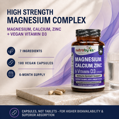 NUTRABYTES Magnesium, Calcium, Zinc and Vitamin D3 bottle with 7-ingredient and 180-capsule product facts