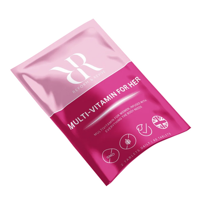 Pink package of 'Multi-Vitamin for Her' with branding on a white background