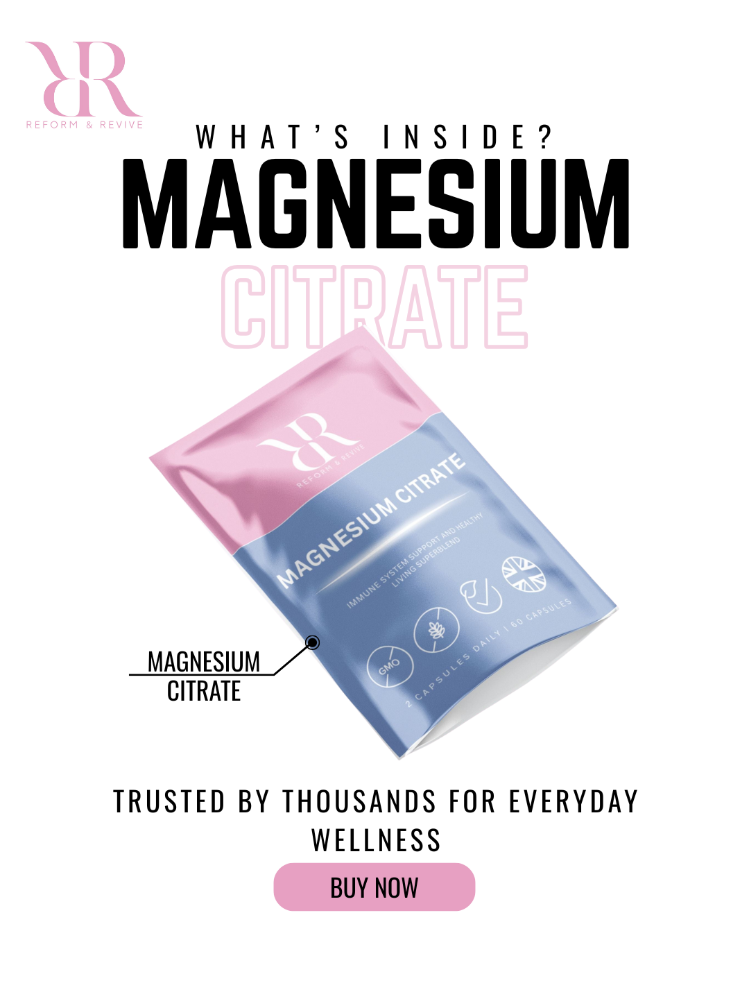 Package of magnesium citrate with branding and promotional text on a white background
