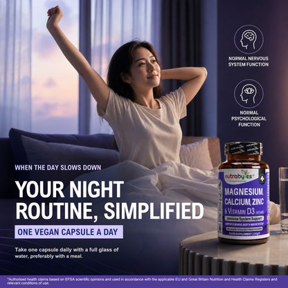 Woman beside NUTRABYTES mineral complex bottle with one-capsule evening routine message