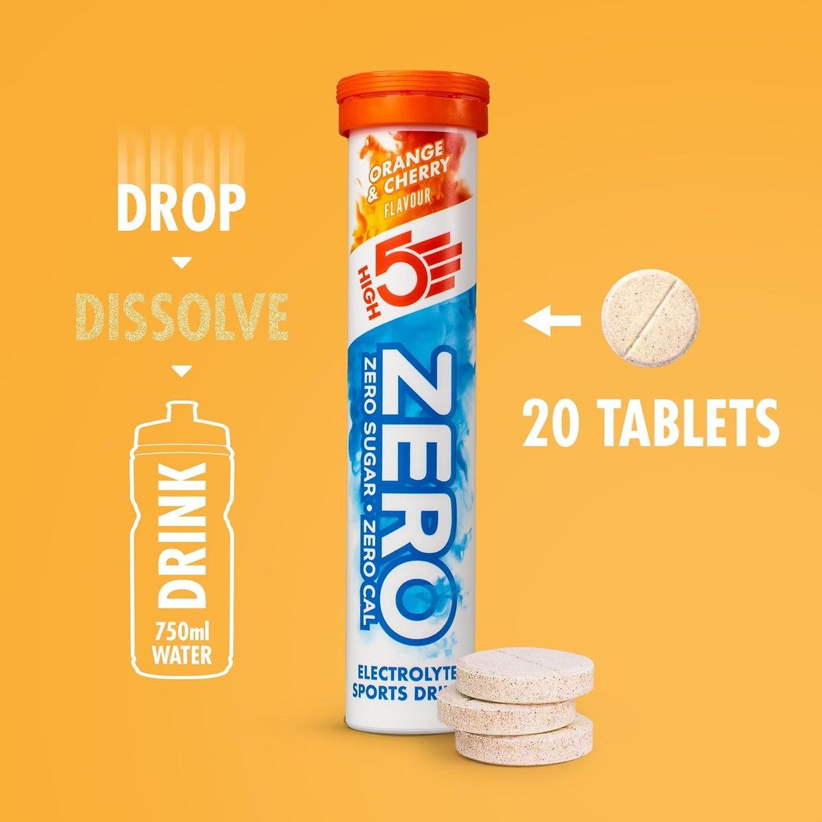 HIGH5 ZERO Orange & Cherry – 20-tablet orange and cherry tube and mixing instructions