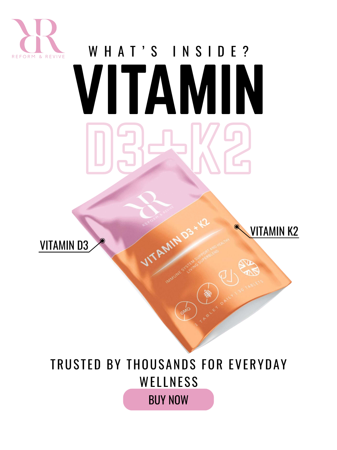 Vitamin D3+K2 packaging with branding and product details on a white background