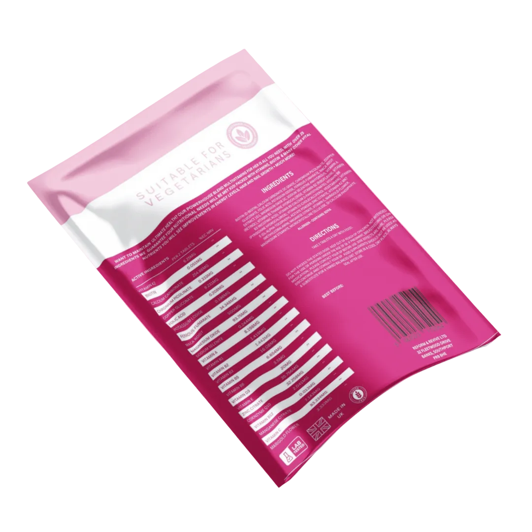 Pink packaging with white text and lines on a white background