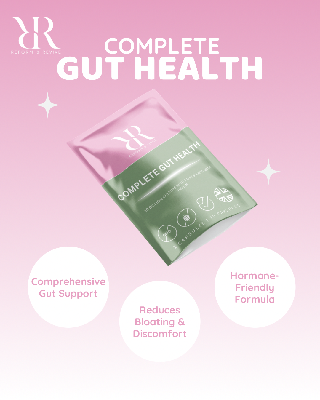 Green package of 'Complete Gut Health' on a pink background with RR logo.