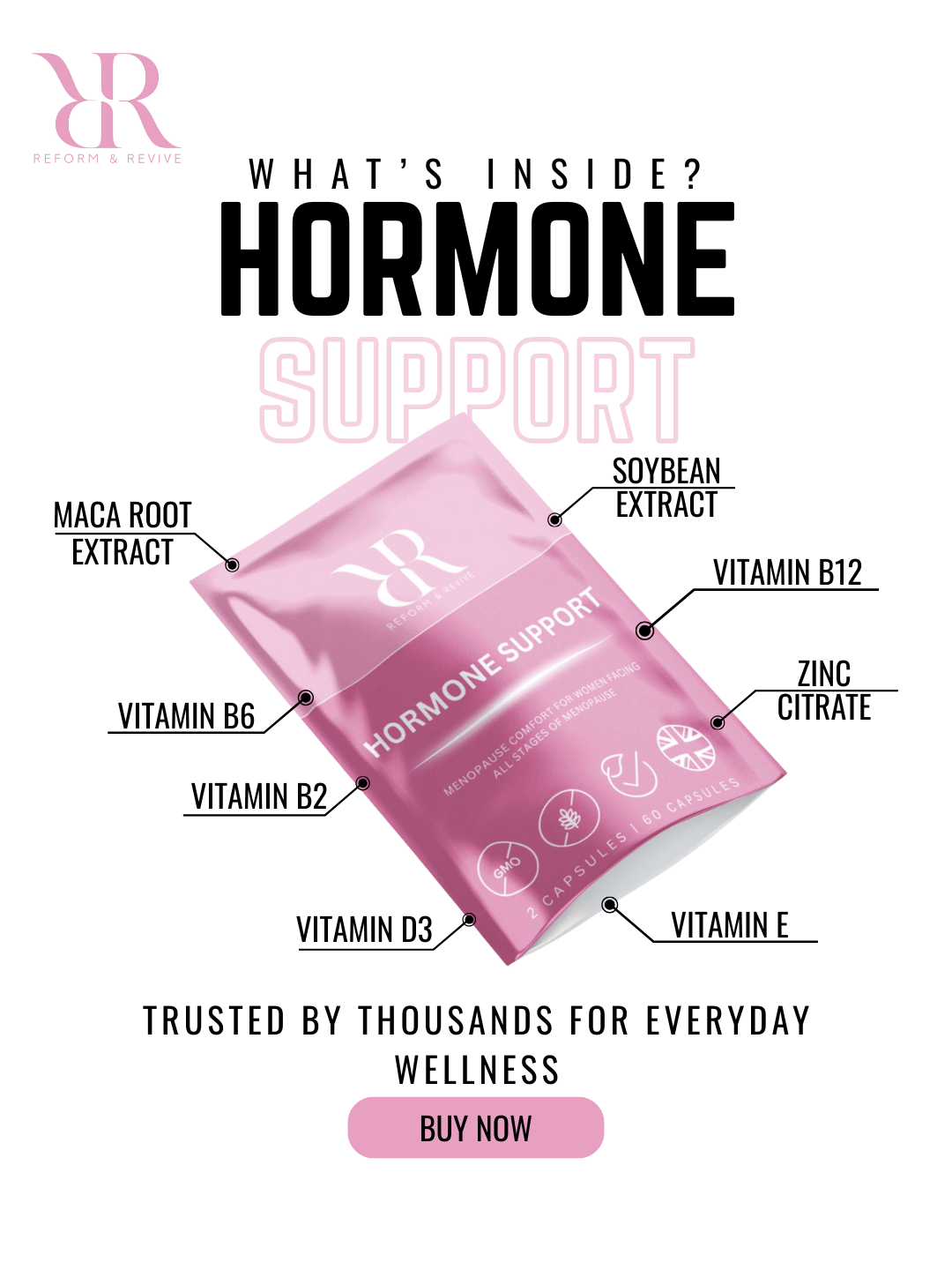 Pink package labeled 'Hormone Support' with ingredients listed on a white background