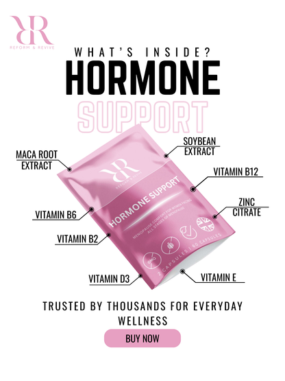 Pink package labeled 'Hormone Support' with ingredients listed on a white background