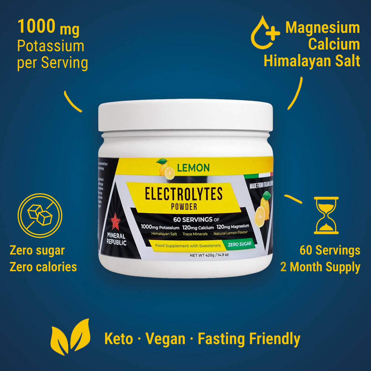 Mineral Republic Electrolytes Lemon Powder – 420g – electrolyte tub and mineral information