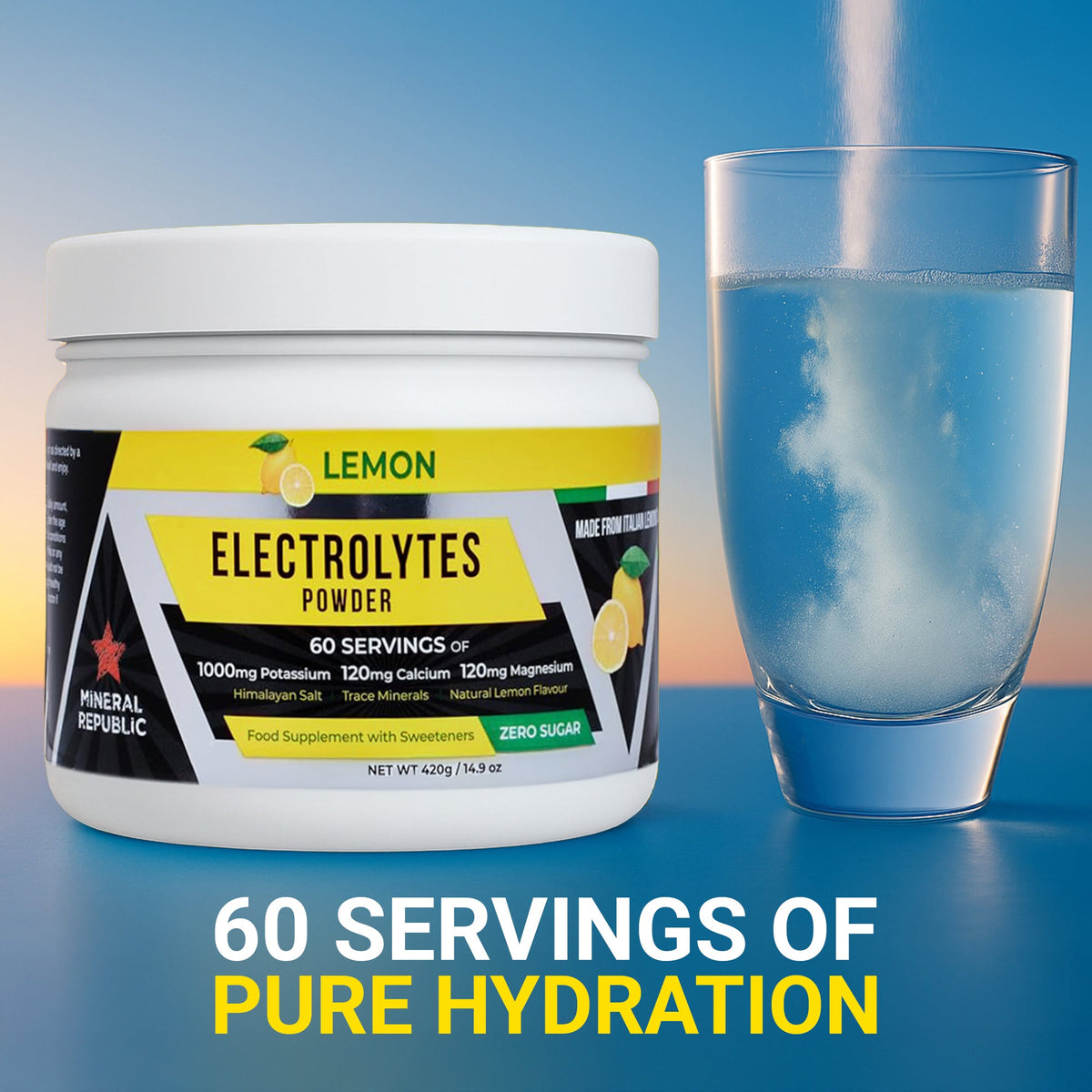 Mineral Republic Electrolytes Lemon Powder – 420g – tub beside a glass of water