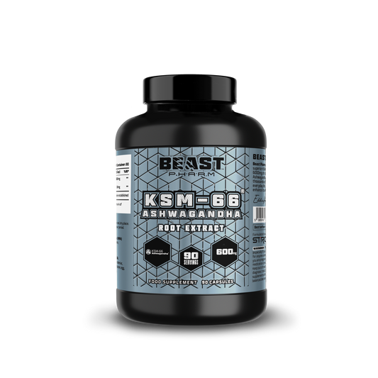 A black plastic bottle of BEAST SUPPLEMENTARY KSM-66 Ashwagandha Root Extract dietary supplement, featuring a light blue and gray geometric patterned label with black text, set against a plain white background with a soft shadow.