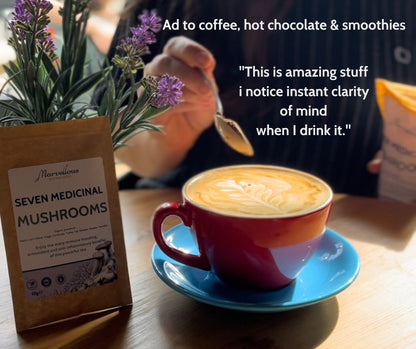 Marvellous Superfood Organic Seven Mushroom Blend – pouch beside a prepared hot drink