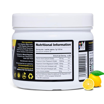 Mineral Republic Electrolytes Lemon Powder – 420g – back of tub with nutritional panel
