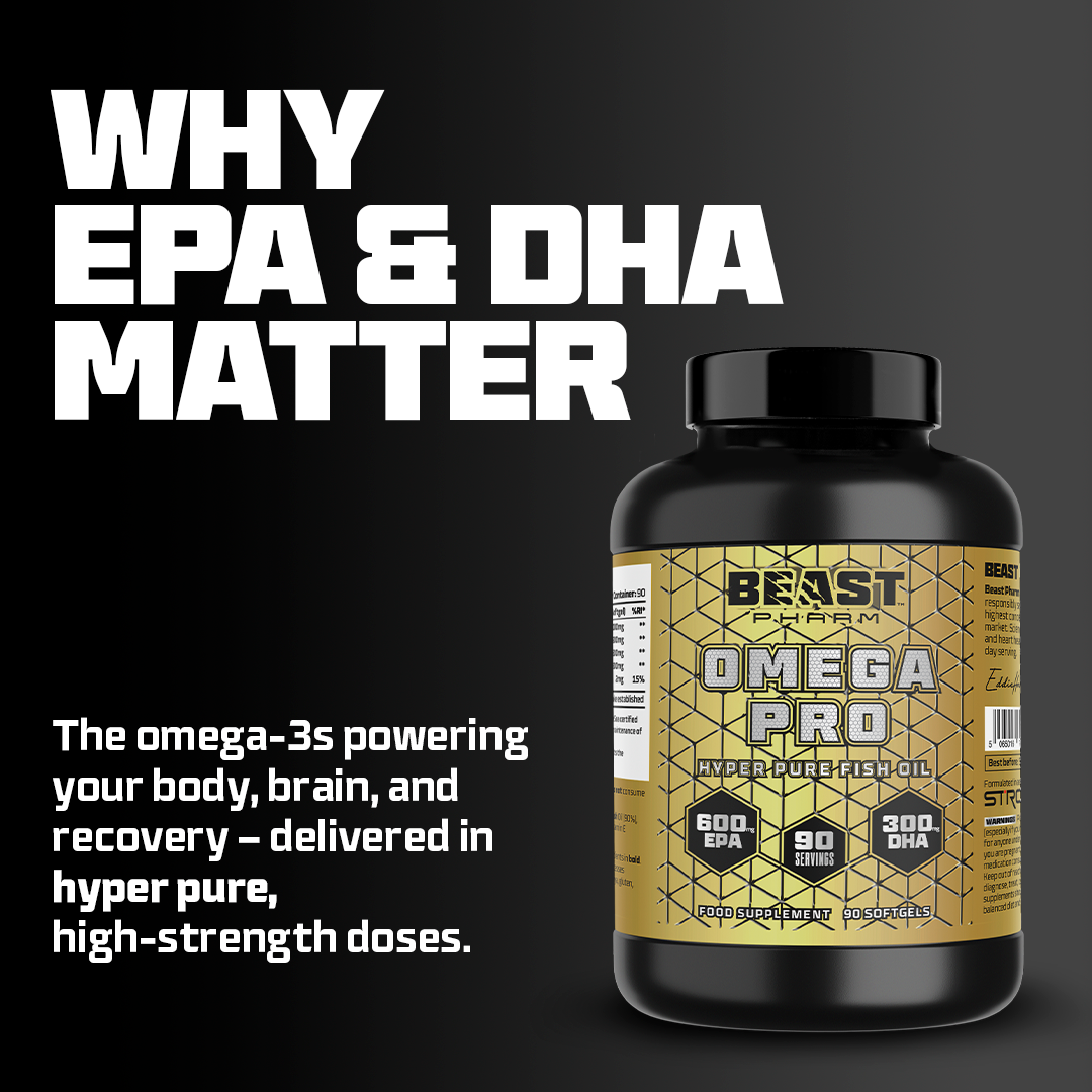 Beast Pharm Omega 3 Pro bottle with 600mg EPA and 300mg DHA information