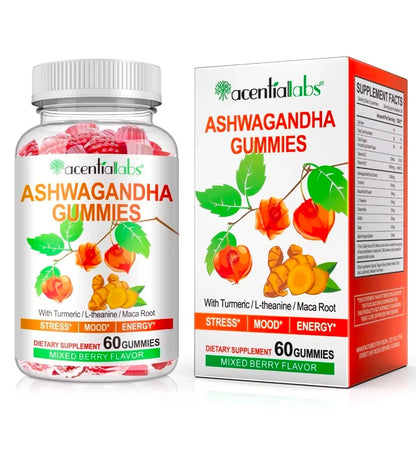 Acentria Labs Ashwagandha Gummies bottle and packaging on a white background