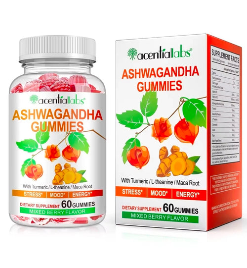 Acentria Labs Ashwagandha Gummies bottle and packaging on a white background