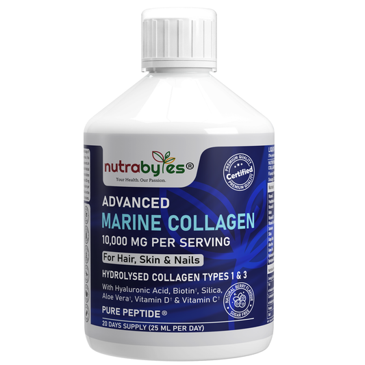 A white plastic bottle of Nutrabytes Advanced Marine Collagen with a blue and white label, shown on a plain white background.