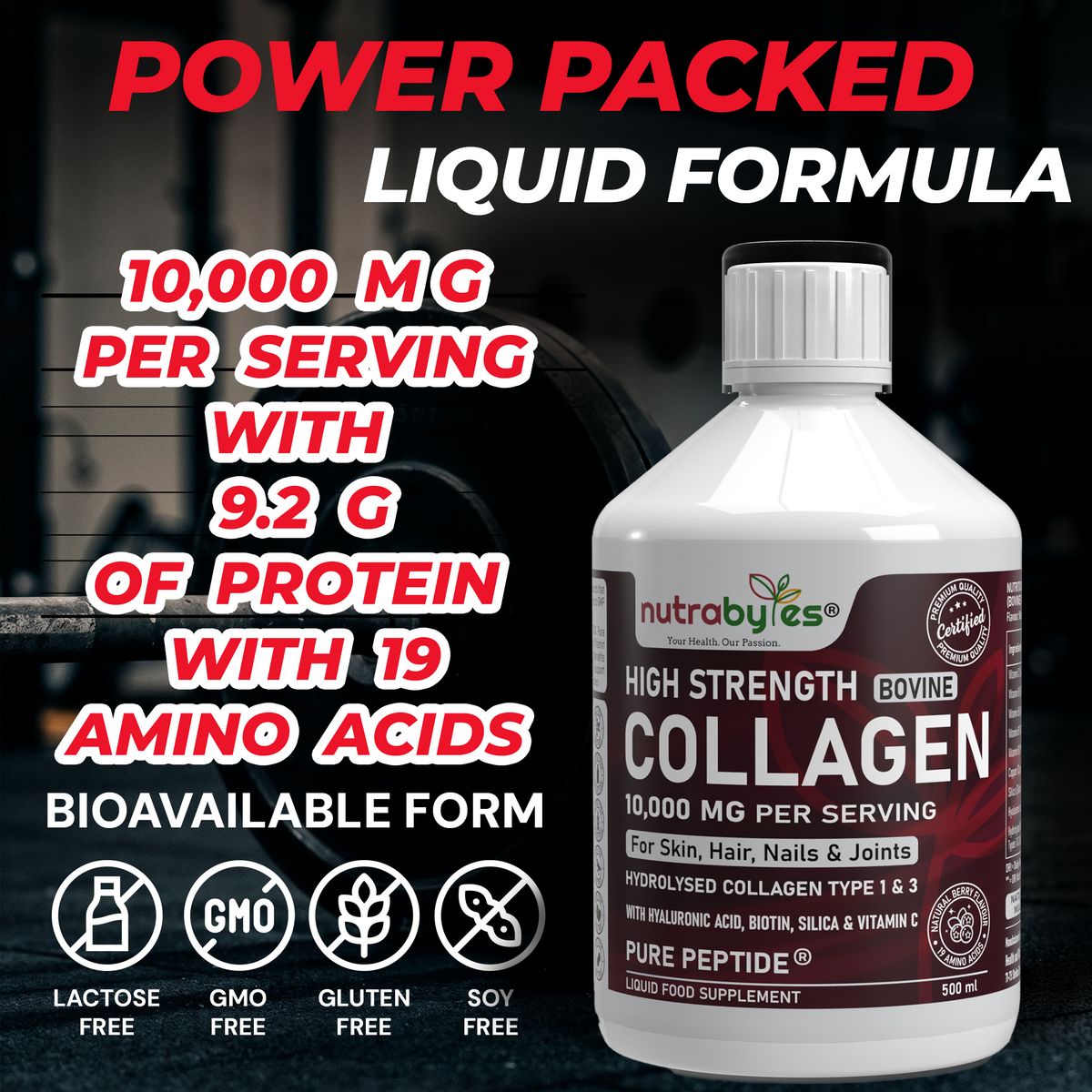 NUTRABYTES Liquid Bovine Collagen 10,000mg – Berry – back label with ingredients and directions