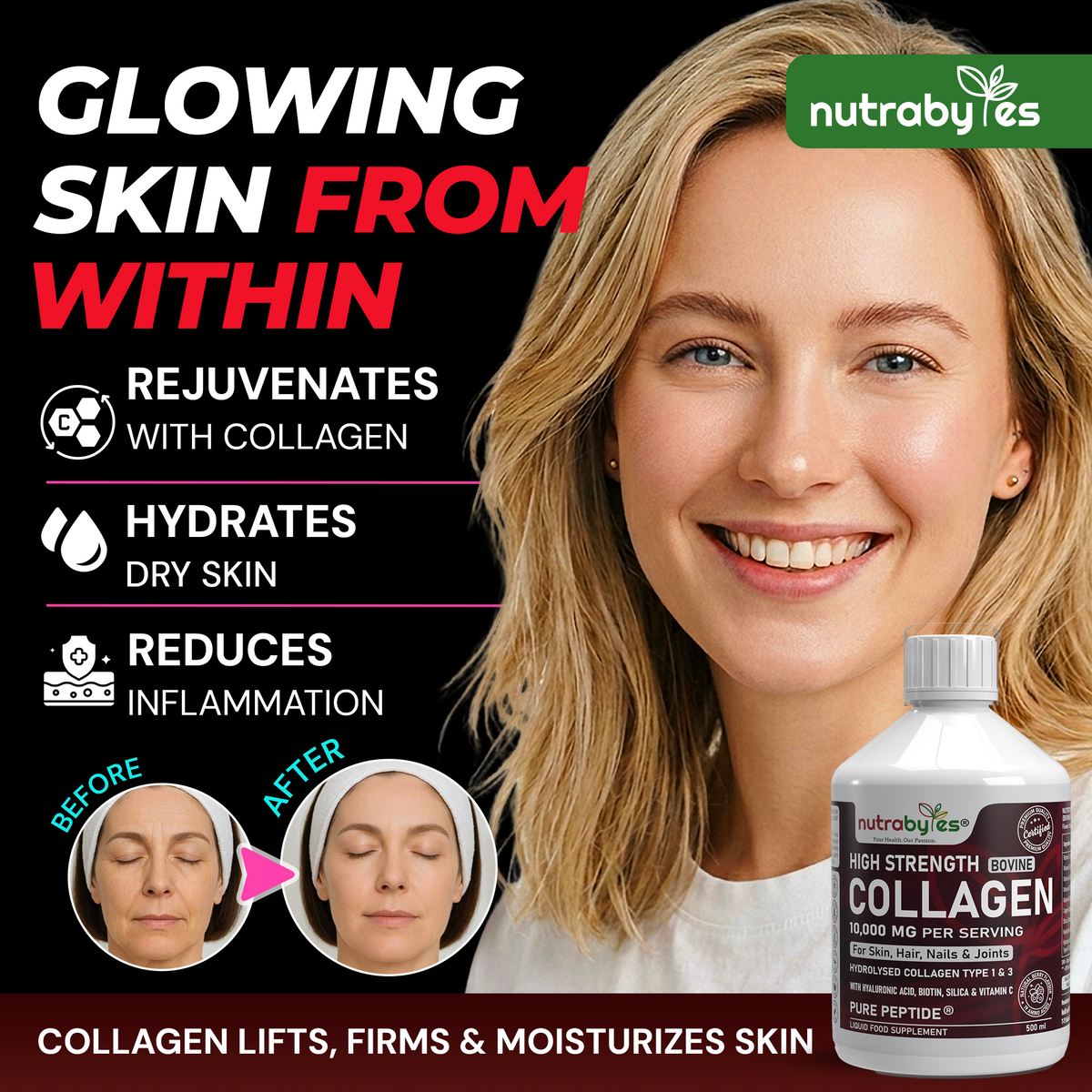 NUTRABYTES Liquid Bovine Collagen berry bottle beside a supplier skincare marketing graphic