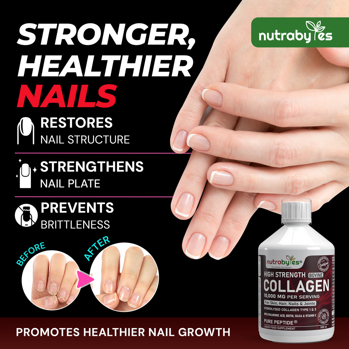 Liquid Bovine Collagen 10,000mg bottle with front and back labels beside an adult woman