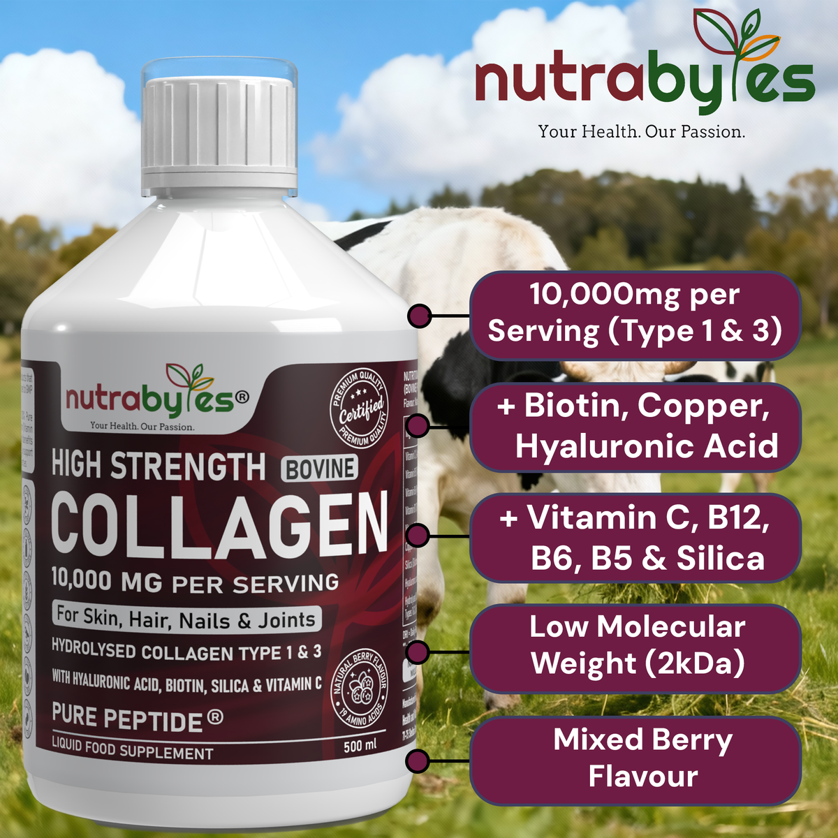 NUTRABYTES Liquid Bovine Collagen 10,000mg – Berry – side label view