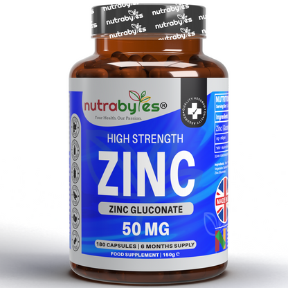 NUTRABYTES Zinc Gluconate 50mg bottle containing 180 vegan capsules