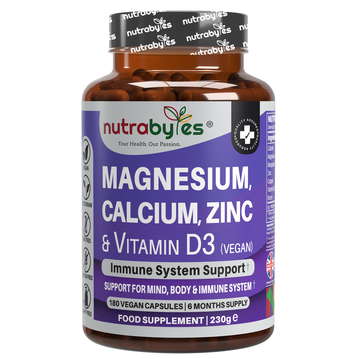 NUTRABYTES Magnesium, Calcium, Zinc & Vitamin D3 – 180 Vegan Capsules