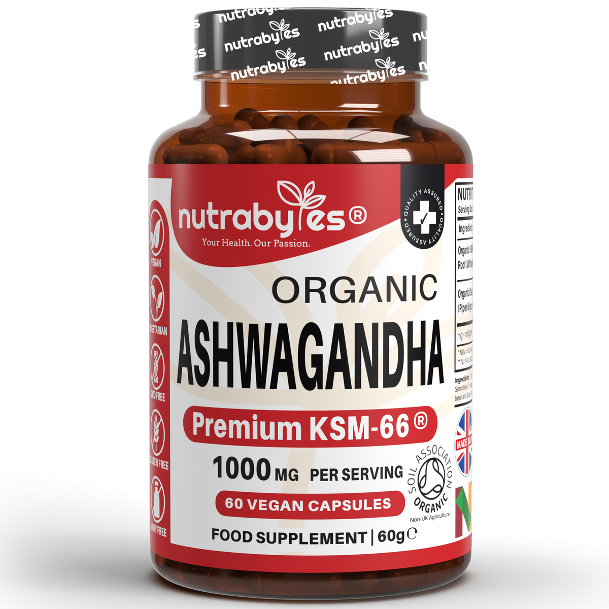 NUTRABYTES Organic Ashwagandha KSM-66 1000mg per serving 60 vegan capsules