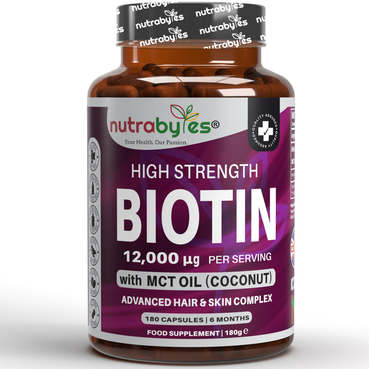 NUTRABYTES Biotin 12,000mcg with MCT Oil bottle containing 180 vegan capsules