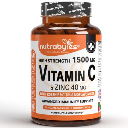 NUTRABYTES Vitamin C 1500mg and Zinc 40mg bottle with 60 vegan capsules