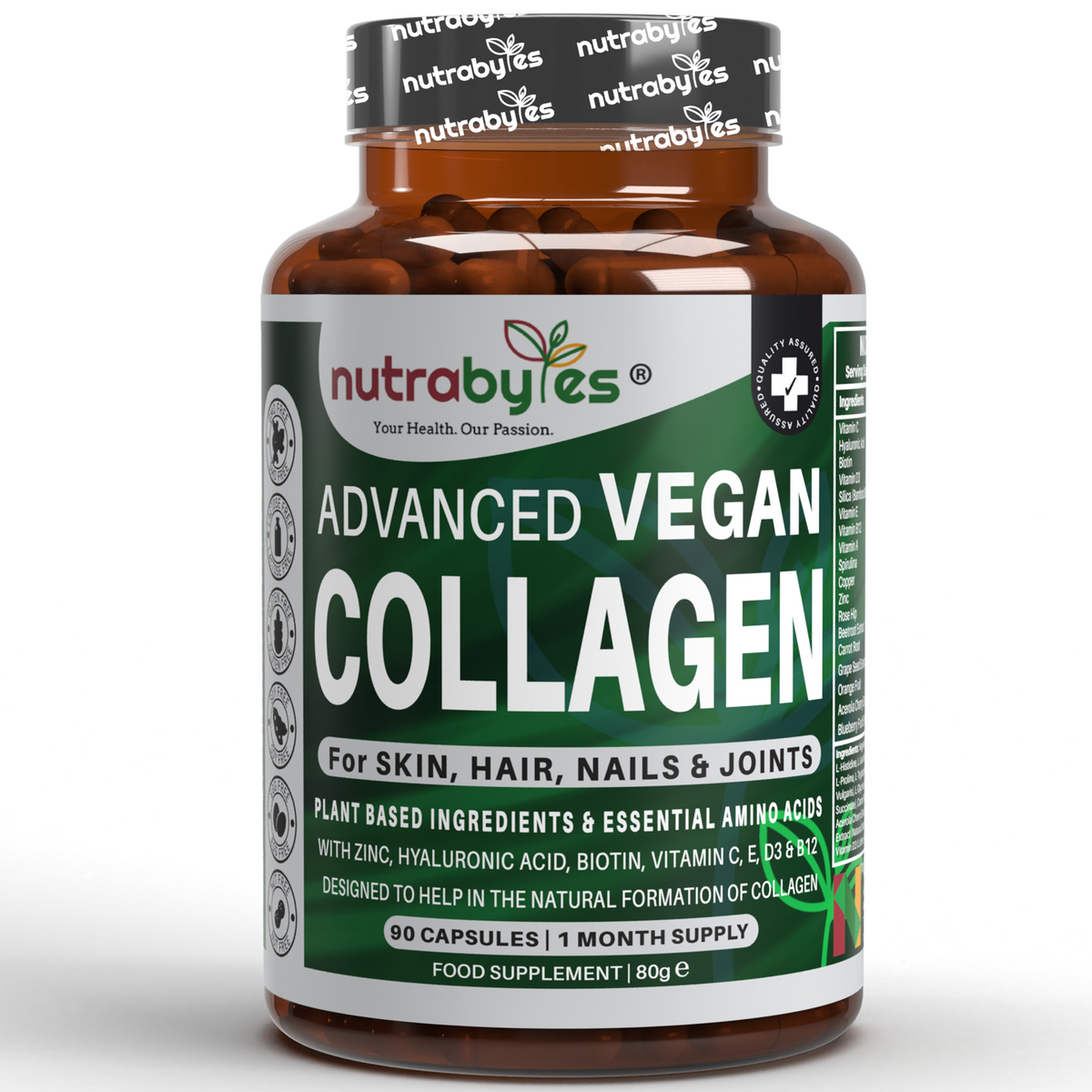 NUTRABYTES Advanced Vegan Collagen Support 90-capsule bottle on white background