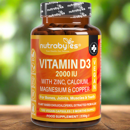 Vegan Vitamin D3 2000 IU with Calcium, Magnesium, Zinc & Copper – 180 Capsules | NUTRABYTES front view of the product packaging