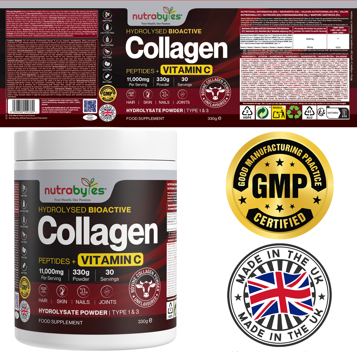 NUTRABYTES Bovine Collagen Powder with Vitamin C – 330g additional view of the product packaging and key label details