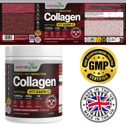 NUTRABYTES Bovine Collagen Powder with Vitamin C – 330g additional view of the product packaging and key label details