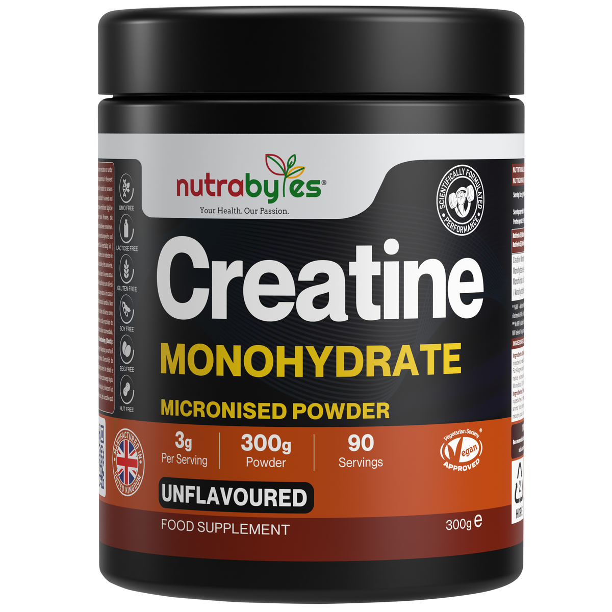 NUTRABYTES Creatine Monohydrate 300g unflavoured powder tub front view