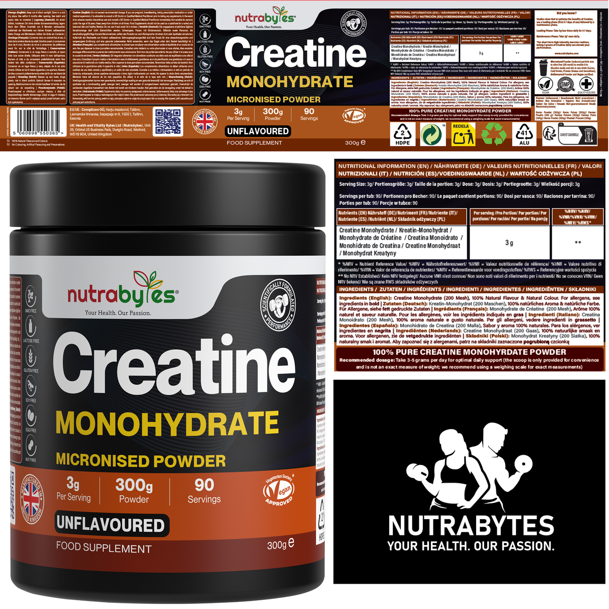 NUTRABYTES Creatine Monohydrate tub with full wraparound label and nutrition panels